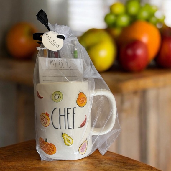 Rae Dunn Other - Rae Dunn ‘Chef’ Mug with Embossed Fruit Design, Recipe Note Pad, and 3 Pencils